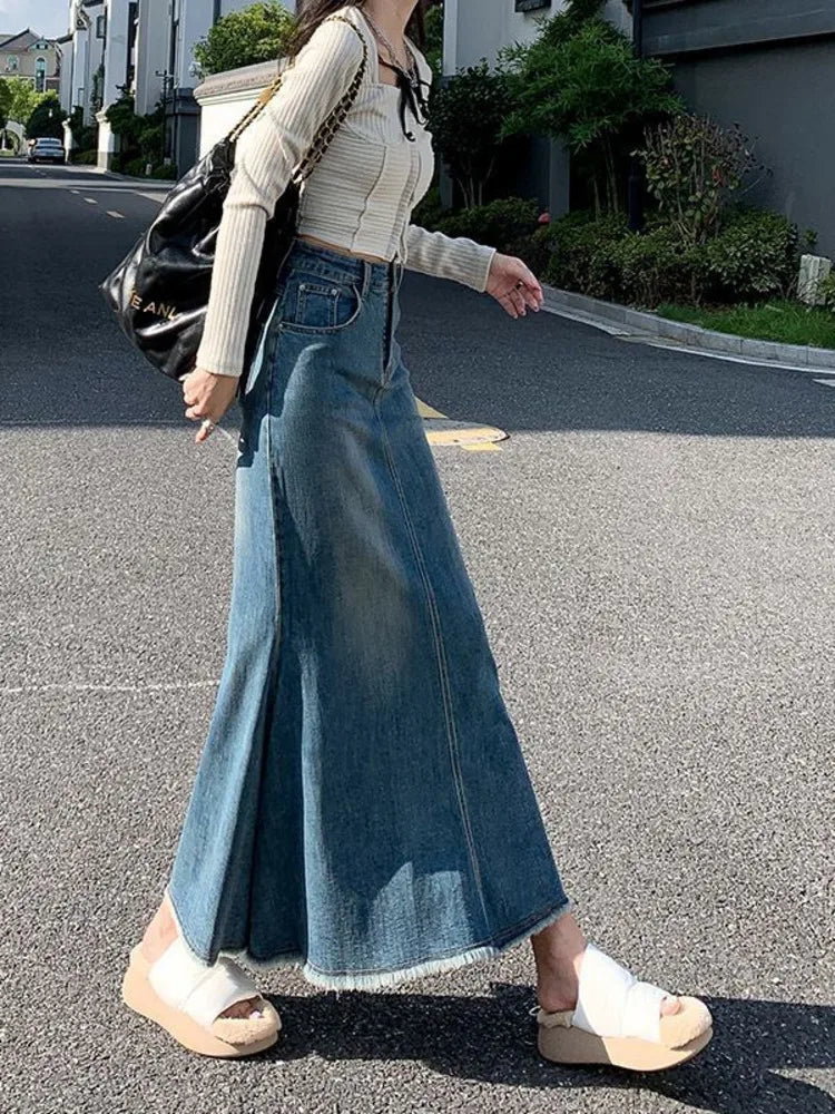 2023 Fashion Spring Denim Skirts for Women Vintage Do Old Midi Skirt Chic High Waisted Trumpet Mermaid A Line Skirts