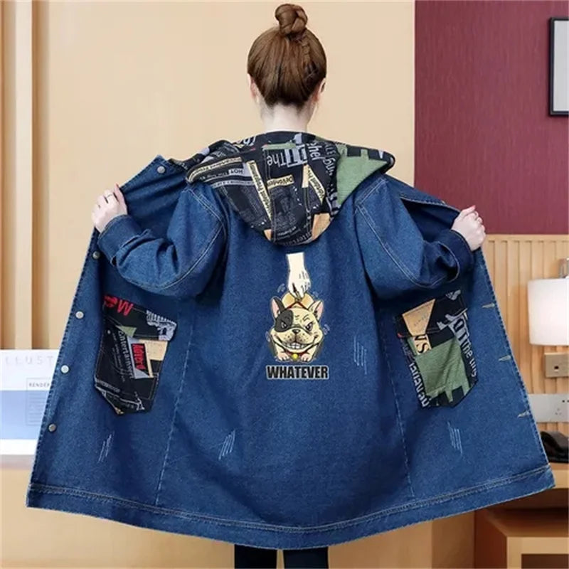 2025 Spring Autumn Denim Jacket Women Hooded Windbreaker Cartoon Printed Coat Long Outerwear Female Oversize 5XL Loose Overcoat