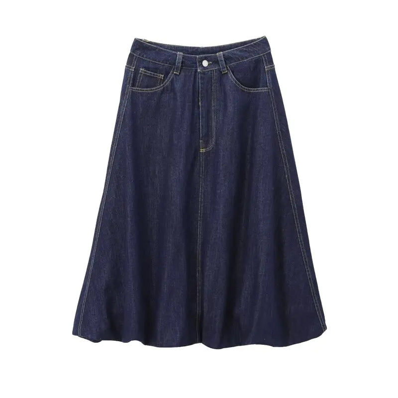 Women's Mid-Waist Cotton Denim Casual Skirt Autumn Winter New Arrival Balloon Sle  Midi Skirts Versatile Faionable