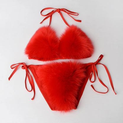 Women Fake Fox Fur Two Piece Swimsuits New Solid Bra Underwear Split Triangle Sexy Bikini Set Faux Fur Swimsuit Plush Swimwear
