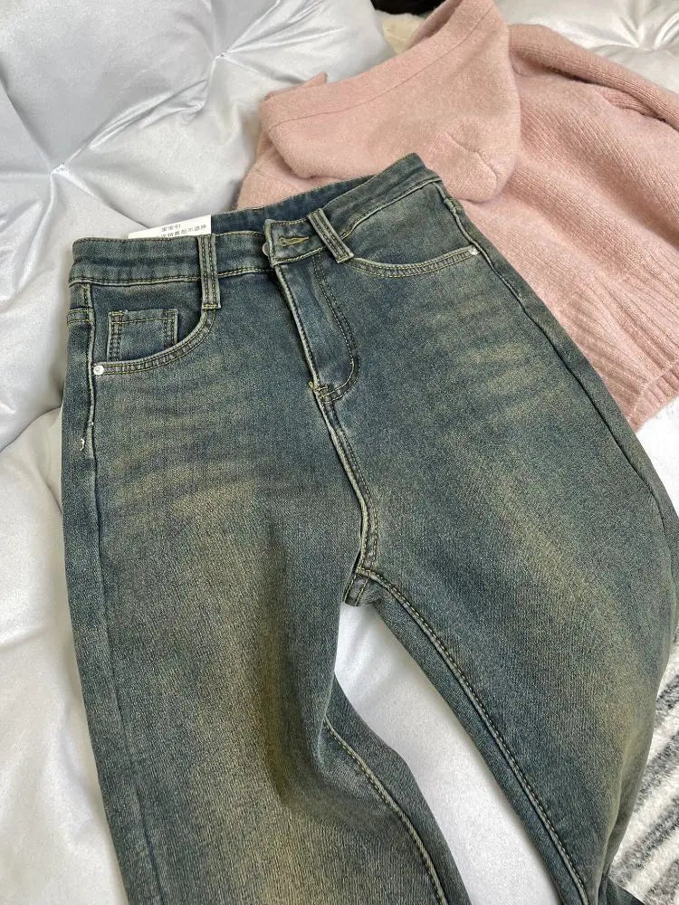 Cozy Fleece Lined Vintage Blue Jeans Women Winter High Waist Slim Fit Bootcut Pants Simple Autumn Warm Comfortable Denim