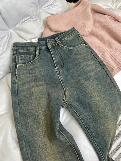 Cozy Fleece Lined Vintage Blue Jeans Women Winter High Waist Slim Fit Bootcut Pants Simple Autumn Warm Comfortable Denim