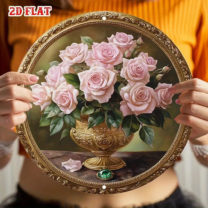 Classic Tin Decor-Elegant Gold-Framed Painting of Pink Roses in Ornate Vase,Round Poster for Living Room,Studio,or Diner Terrace