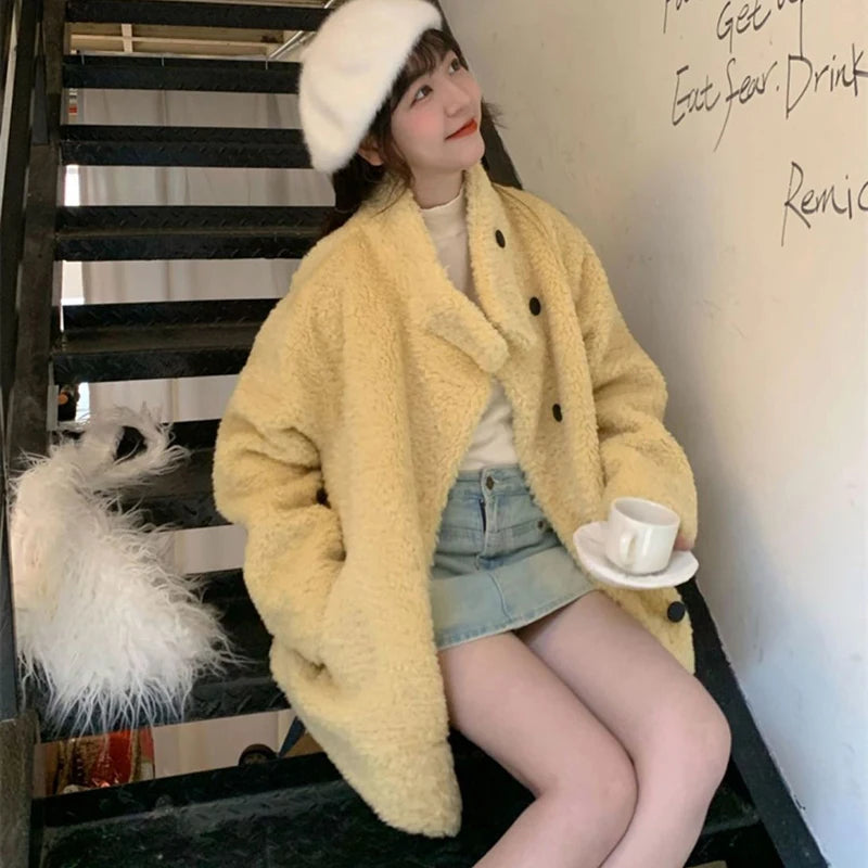 Women Faux Wool Coats Winter Thick Stand Collar Loose Casual Preppy Sweet Jacket Japanese Long Sleeve Button Vintage Outwear New