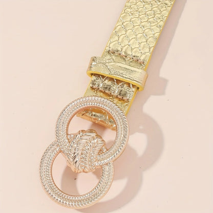 1pc Women's Silver Fashion Double Ring Carved Buckle Metal Bright Pu Belt Versatile Dress Jacket Jeans Accessory Belt