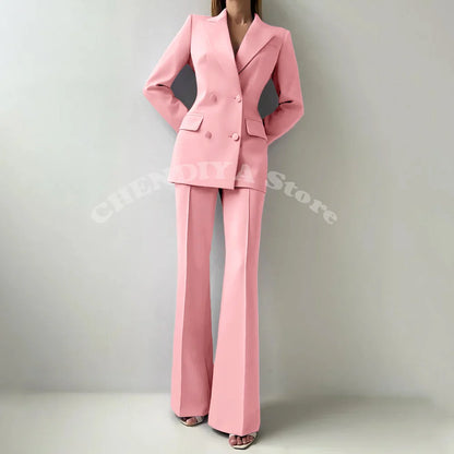 Women Suits Sets 2 Piece Elegant Peak Lapel Double Breasted Outfits Fashion Daily Casual Chic Female Suit (Jacket+Pants)