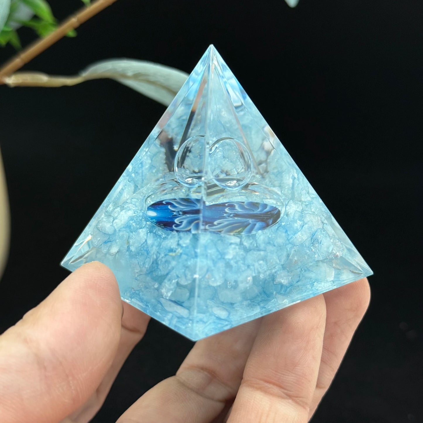 1pc Orgonite Pyramid, Aquamarine Orgonite Pyramid, Made of aquamarine crushed stone resin and transparent crystal balls