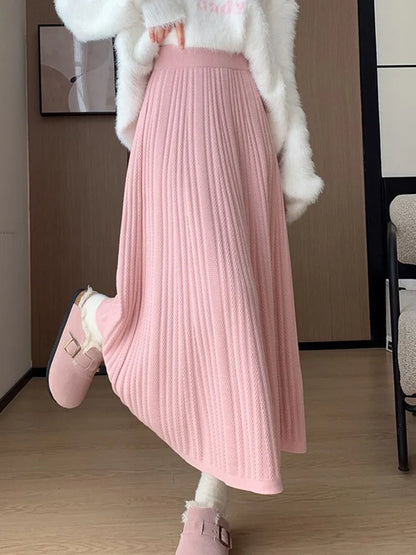Sweet Vintage Knitted Long Skirts Women Preppy Style High Waist Loose A Line Skirts Fall Winter Retro Simple Elegant Long Skirts