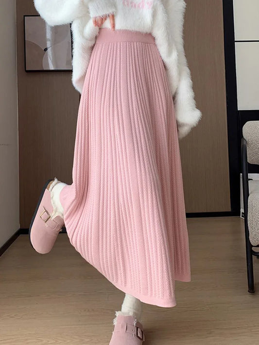 Sweet Vintage Knitted Long Skirts Women Preppy Style High Waist Loose A Line Skirts Fall Winter Retro Simple Elegant Long Skirts