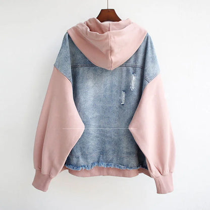 2025 Spring Autumn New Fake Two Piece Denim Jacket Women Loose Splicing Cardigan Hooded Baseball Coat Female Casual Ladies Tops