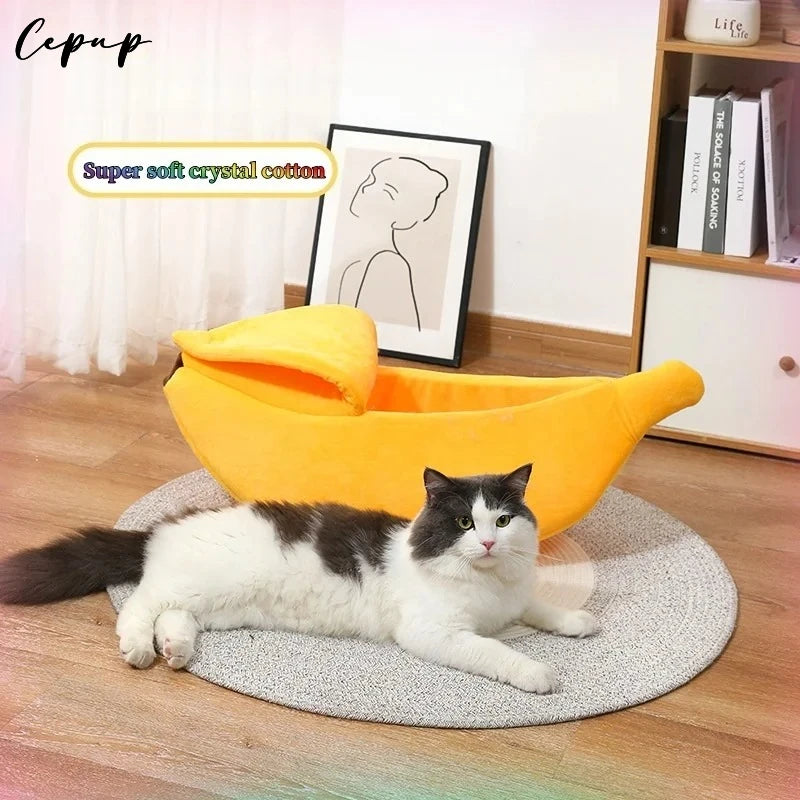 Banana cat bed super soft house lovely banana boat semi-closed warm pet bed cat accessories dog bed banana cushions with a lid