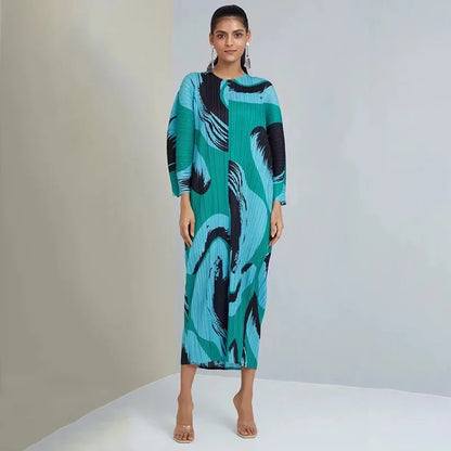 Miyake Pleated Hand Painted Long Dress 2022 New Spring Summer Loose Women Long Sleeves Designer Elegant Fashion Clothes In Stock