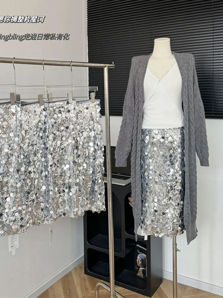 High Quality Silvery Skirt Women High Waist Sequins Sparkly A-Line Skirt Luxury Korean Fashion Sexy Elegant Coquette Party Prom