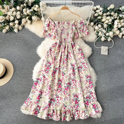 YuooMuoo Vacation Fashion Flower Print Chiffon Summer Dress Sexy Off Shoulders Elastic Waist Big Swing Long Dress Beach Vestidos