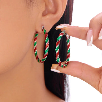 Christmas Red Green White Sequins Stripe Twisted Round Drop Earrings Circle Hoop Earring For Women Men Festive Holiday Jewelry