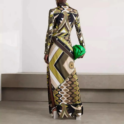 Summer 2025 Fashion Printed Tribal Style Dress With A Collar, Long Sleeves, Slit, And Body-hugging Design For Women.