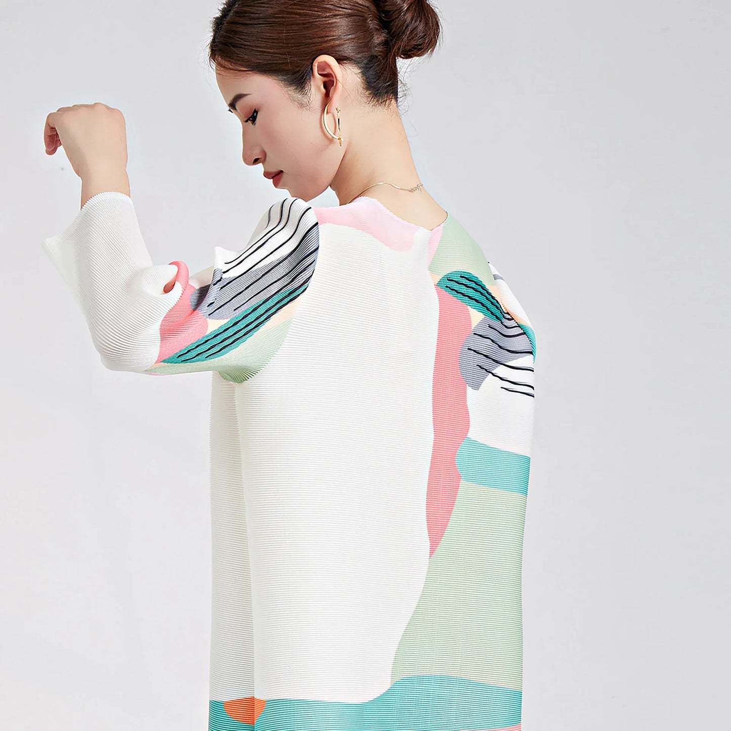 Fashion Pleated Dress Summer Women's Loose Multi Color Printed O-Neck Long Sleeve Mid Length Elegant Three House Dress