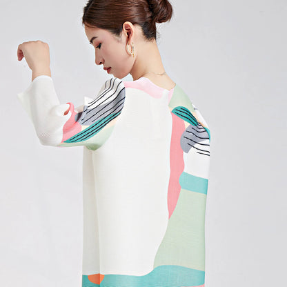 Fashion Pleated Dress Summer Women's Loose Multi Color Printed O-Neck Long Sleeve Mid Length Elegant Three House Dress