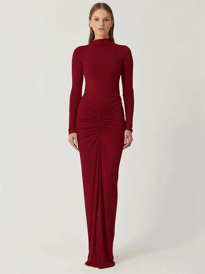 Sexy Red Dresses Women Autumn New Streetwear Fashion Folds O-Neck Long Sleeves Casual Slim Maxi Dress Elegant Lady Knitted Dress