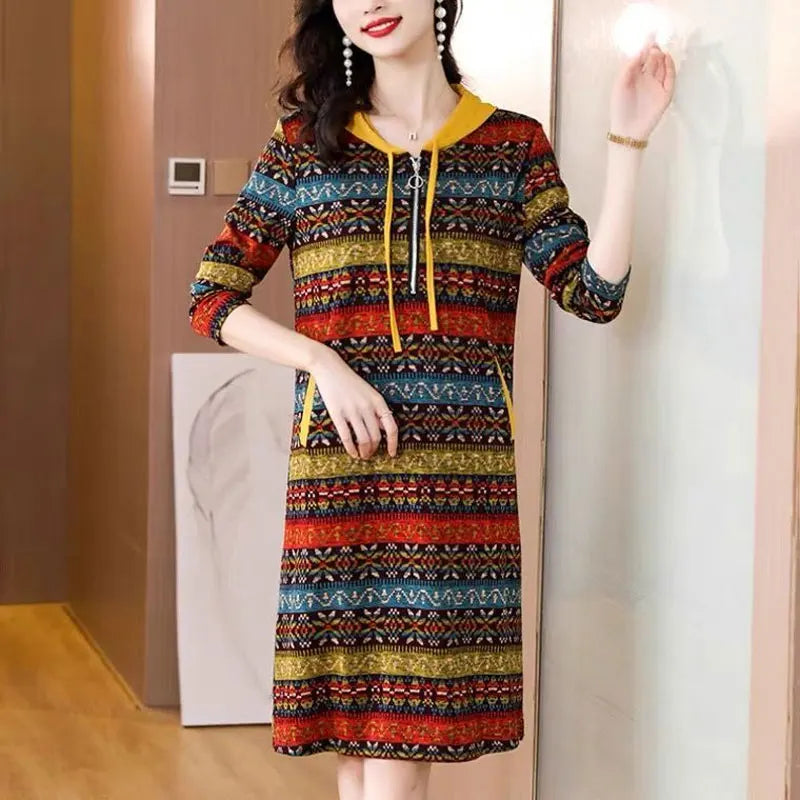 Elegant Fashion Zipper Hooded Striped Dress Spring 2022spring Autumn Women's Clothing Folk Vintage Long Sleeve Straight Dresses