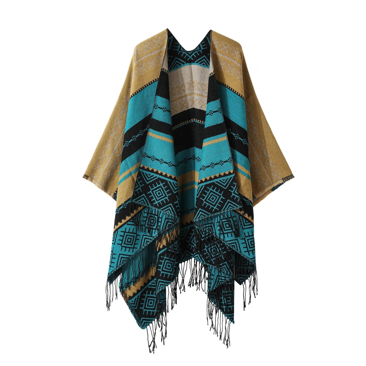 Poncho New Split Warm Shawl Vintage Ethnic Style Scarf Imitation Cashmere Tassel Women Cape Lady Cloak Warm Coat Khaki