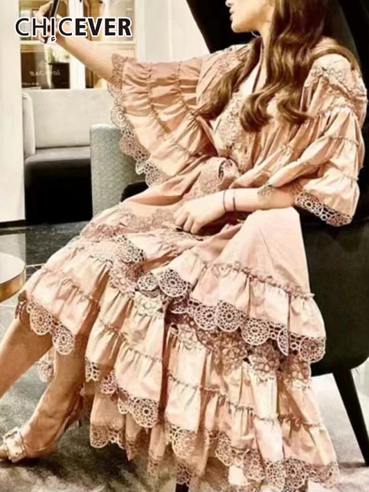 CHICEVER Vintage Solid Dresses For Women V Neck Half Sleeve High Waist Spliced Lace Up Folds Loose Hollow Out Midi Dress Female