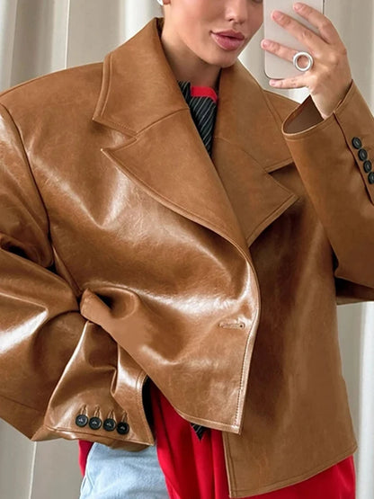 Aoaiiys Brown Jackets Women PU Leather Elegant Notched Collar Coat Buttons Long Sleeve Fashion Chic Outerwear Autumn Winter New