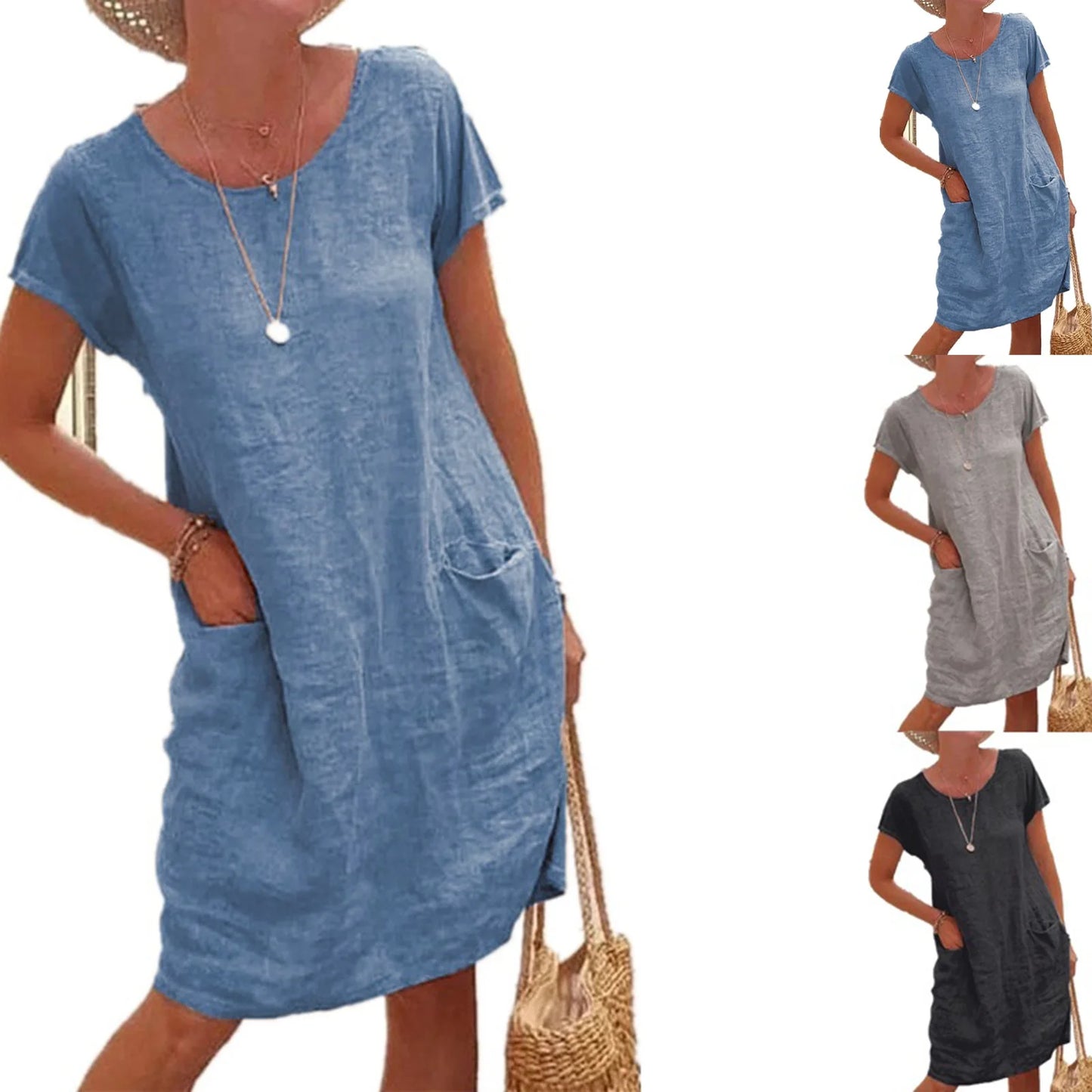 Women's Casual Midi Dresses 2025 New Summer Cotton Linen Short Sleeve Dress Летнее Платье Vestidos De Mujer Black Dresses