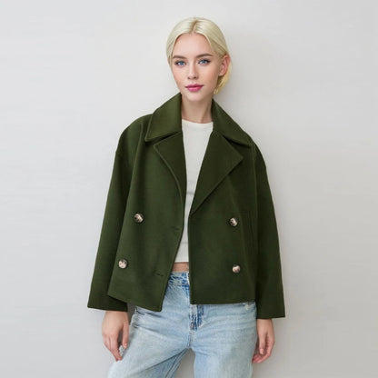 Casual Short Woolen Blends Coats Women Loose Lapel Bouble Breasted Pocket Full Sleeve Jacket 2025 Autumn Winter Lady Solid Coat