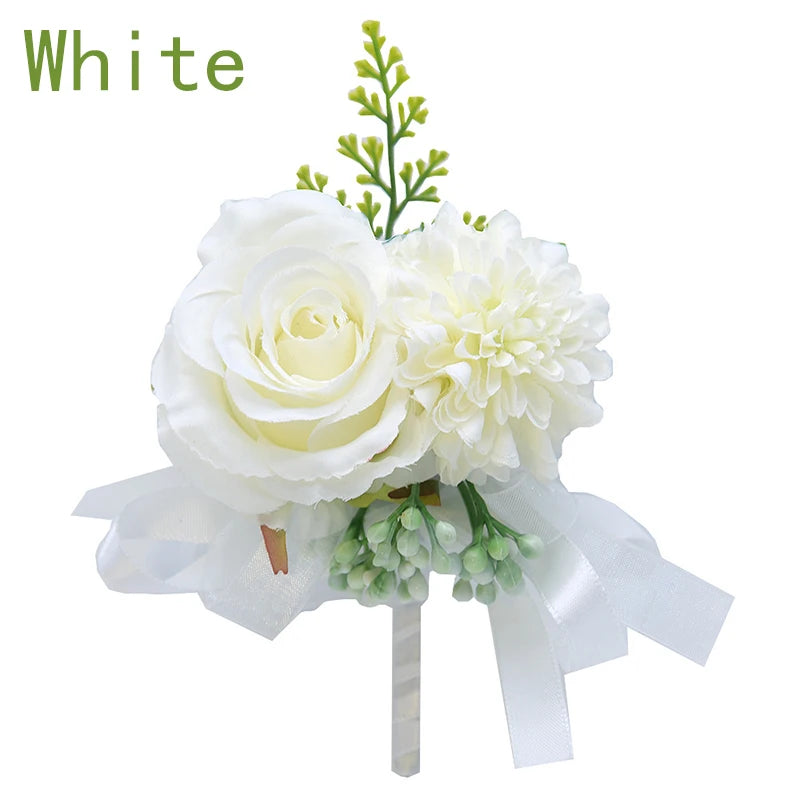 Girls Bridesmaid Wrist Flowers Groom Boutonnier Suit Corsage Pins Artificial Silk Rose Fabric Hand Flowers Wedding Accessories