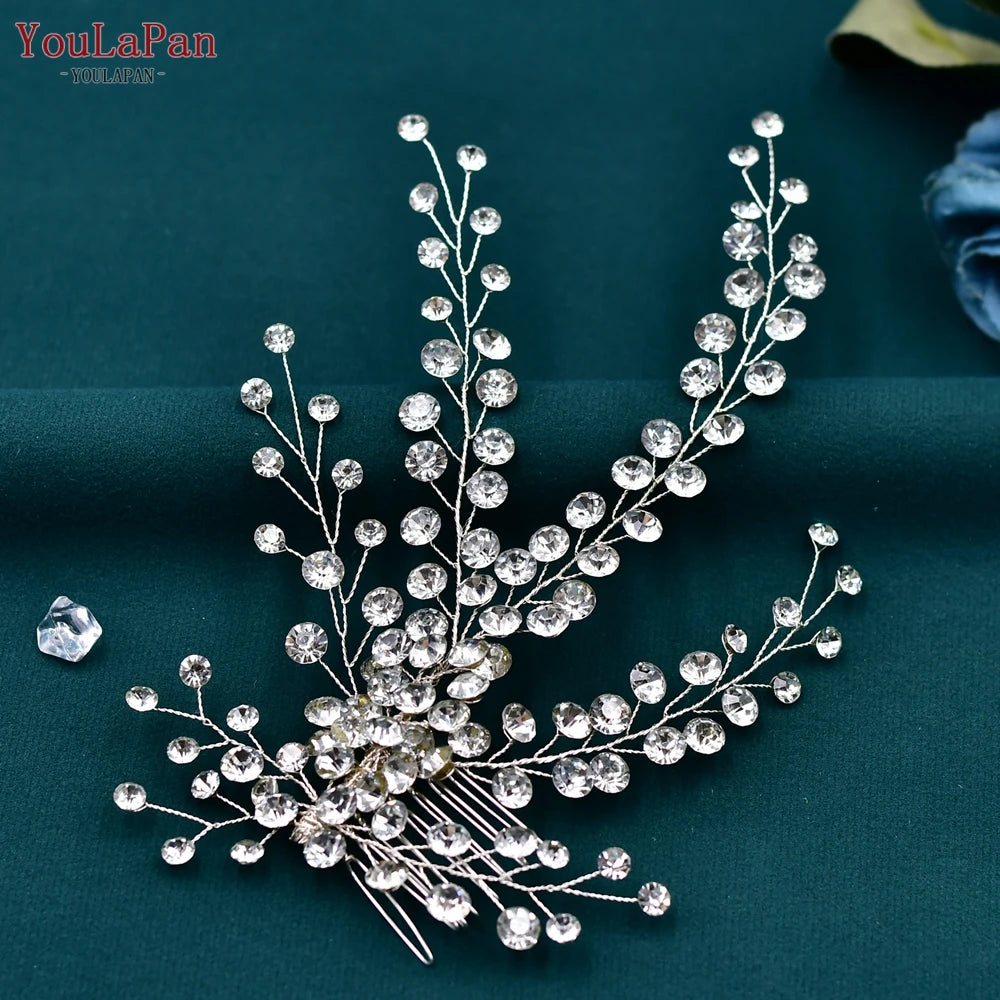 YouLaPan Crystal Leaves Hair Comb Bridal Wedding Hair Accessories Handmade Fashion Woman Rhinestone Flower Headwear HP621