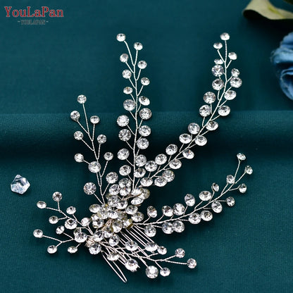 YouLaPan Crystal Leaves Hair Comb Bridal Wedding Hair Accessories Handmade Fashion Woman Rhinestone Flower Headwear HP621