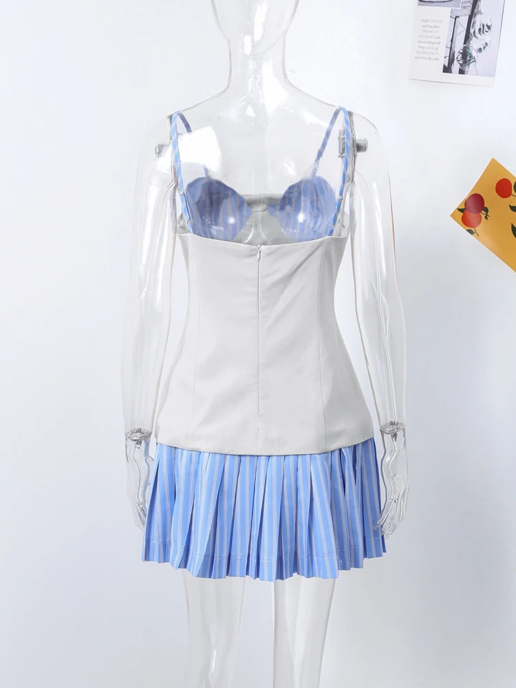 Patchwork Contrast Color Pleated Mini Dress Women Chic Strap Sleeveless Backless Single Breasted Dresses 2025 Spring Lady Robe