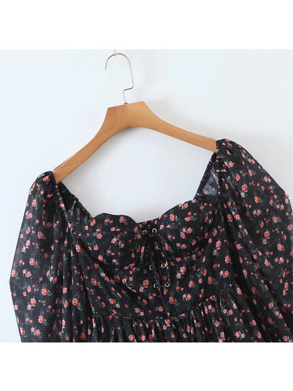 E 2022 Fashion Women Vintage Floral Print Chiffon Dress Sexy Semi-Sheer Long Sleeve Layered Ruffle Ladies Short Dress