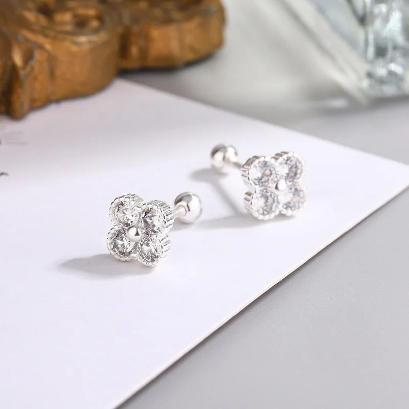925 Sterling Silver Four Round Zircon Small Piercing Stud Earrings For Women Luxury Elegant Fine Jewelry Accessories Jewellery