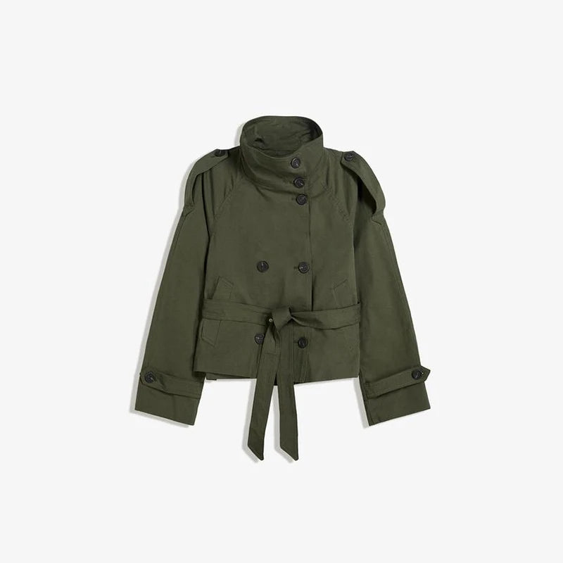 Women's Chic Stand Collar Double-breasted Belted Waist Cropped Trench Coat Shoulder Epaulets 2025 Autumn Casual Street Outerwear