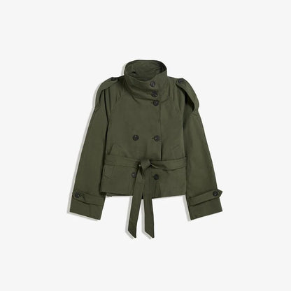Women's Chic Stand Collar Double-breasted Belted Waist Cropped Trench Coat Shoulder Epaulets 2025 Autumn Casual Street Outerwear