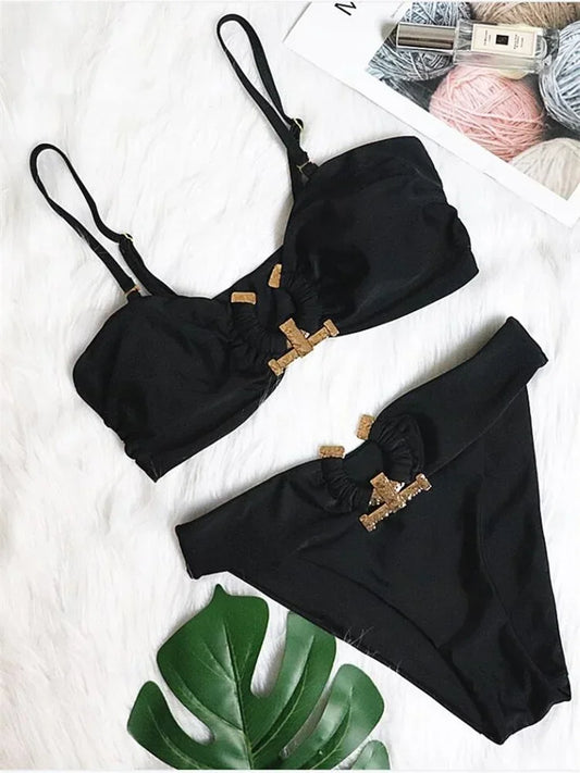 Sexy Black Bikini 2025 Women Bandeau High Cut Push Up Padded Luxury Solid Rhinestone Swimwear Brazilian Bathing Suit Swimsuit