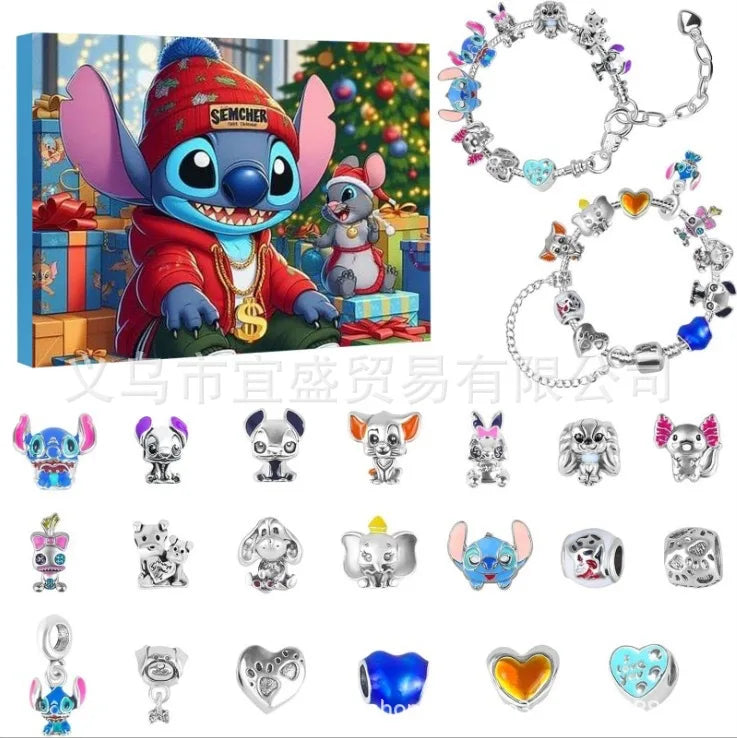 Disney Stitch Mickey Mouse Adventskalender-Armbänder, 24 Tage Countdown, DIY-Schmuckherstellung, süßes Weihnachtsgeschenk