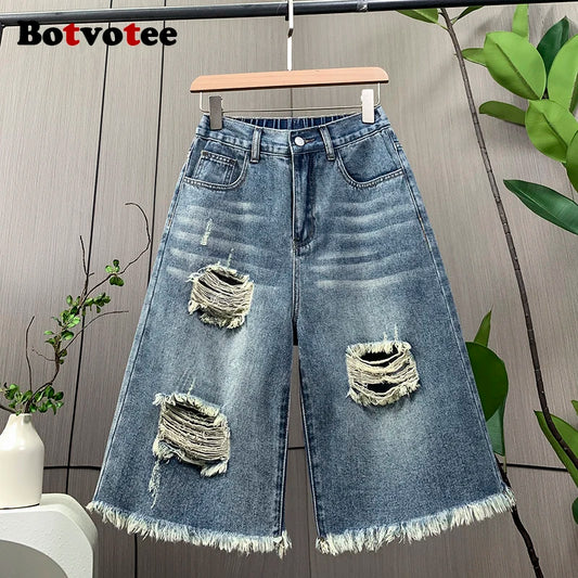 Botvotee Tassel Repped Vintage Summer Denim Short Jeans for Women High Waisted Wide Leg M-3XL Blue Shorts Streetwear Jeans