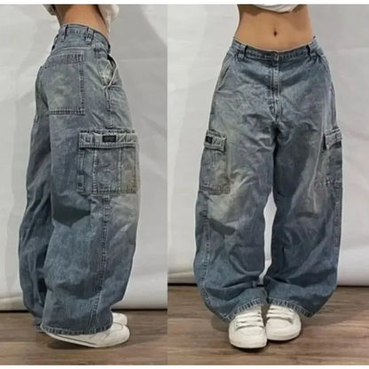 Y2K Gothic Retro Miss Me Boot Cut Jeans Women's Blue Denim Embroidery Cross Pocket Hip Hop Harajuku Wide Pants Street Wear