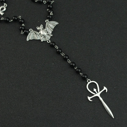 Gothic Bat Cross Rosary Necklace for Women Fashion Mystery Witch Jewelry Accessories Gift Silver Color Bat Charm Vampire Choker