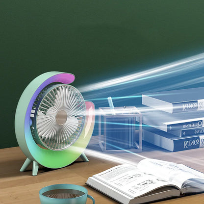 Portable fan, desktop spray, intelligent adjustable, silent, cool air lamp, indoor table fan with seven-color lights
