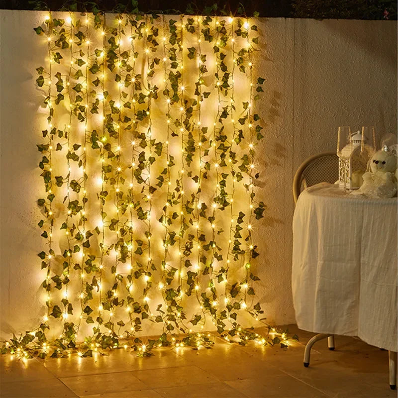 Lichterkette mit grünen Blättern, künstliche Rankenlichter, batteriebetrieben, Weihnachtsbaumgirlande für Hochzeiten und Heimdekoration