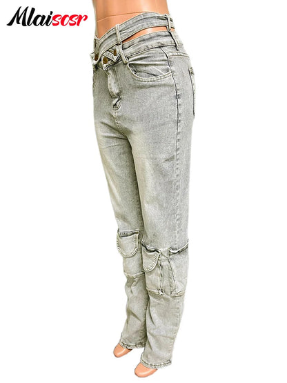Mlaiscsr Vintage Stretch Denim Pants Women Buttons Pocket Patchwork High Waist Cargo Jeans Autumn Winter Bottoms Y2K Streetwear