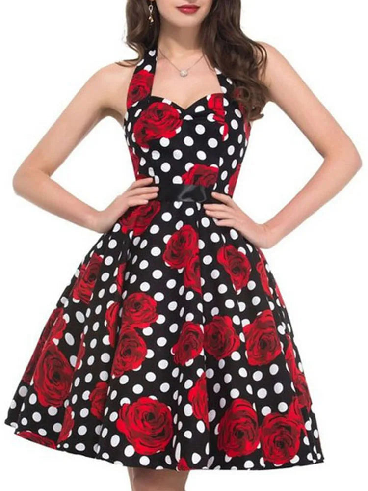 Women Summer Polka Dot Vintage Dress Fashion Party Office Lady 50s 60s Rockabilly Big Swing Halter Clothes Tunic Vestidos