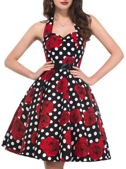 Women Summer Polka Dot Vintage Dress Fashion Party Office Lady 50s 60s Rockabilly Big Swing Halter Clothes Tunic Vestidos