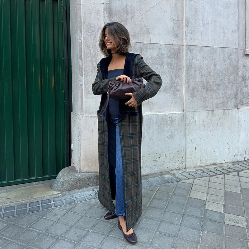 Woolen Plaid Long Coat Women Turn-down Collar Loose Long Sleeve Button Elegant Outwear Female Thicken 2025 Spring Street Jacket