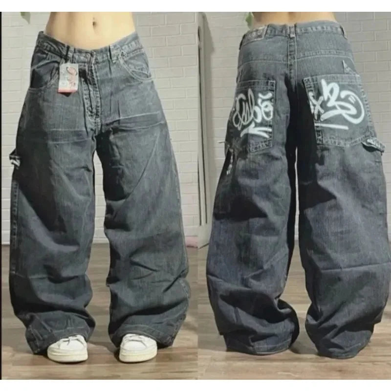 Streetwear New Fashion Red Crown Embroidered Baggy Jeans Women Y2K Gothic Harajuku Hip Hop Popular Casual Joker Couple Jeans