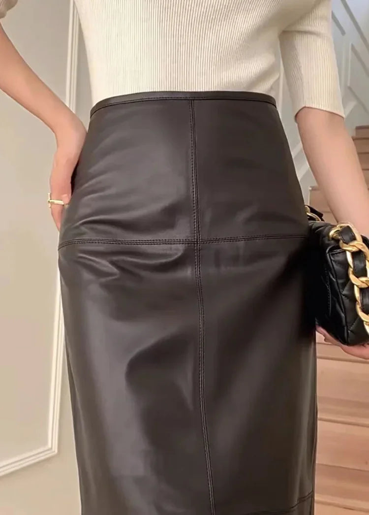 2025 Autumn/Winter Women Leather Maxi Skirt Feminino High End Vintage Back Split Wrapped Saias Slim Ankle Long Faldas Largas